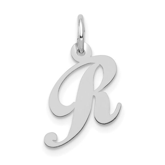 14k White Gold Ella Collection Small Fancy Script Initial R Pendant